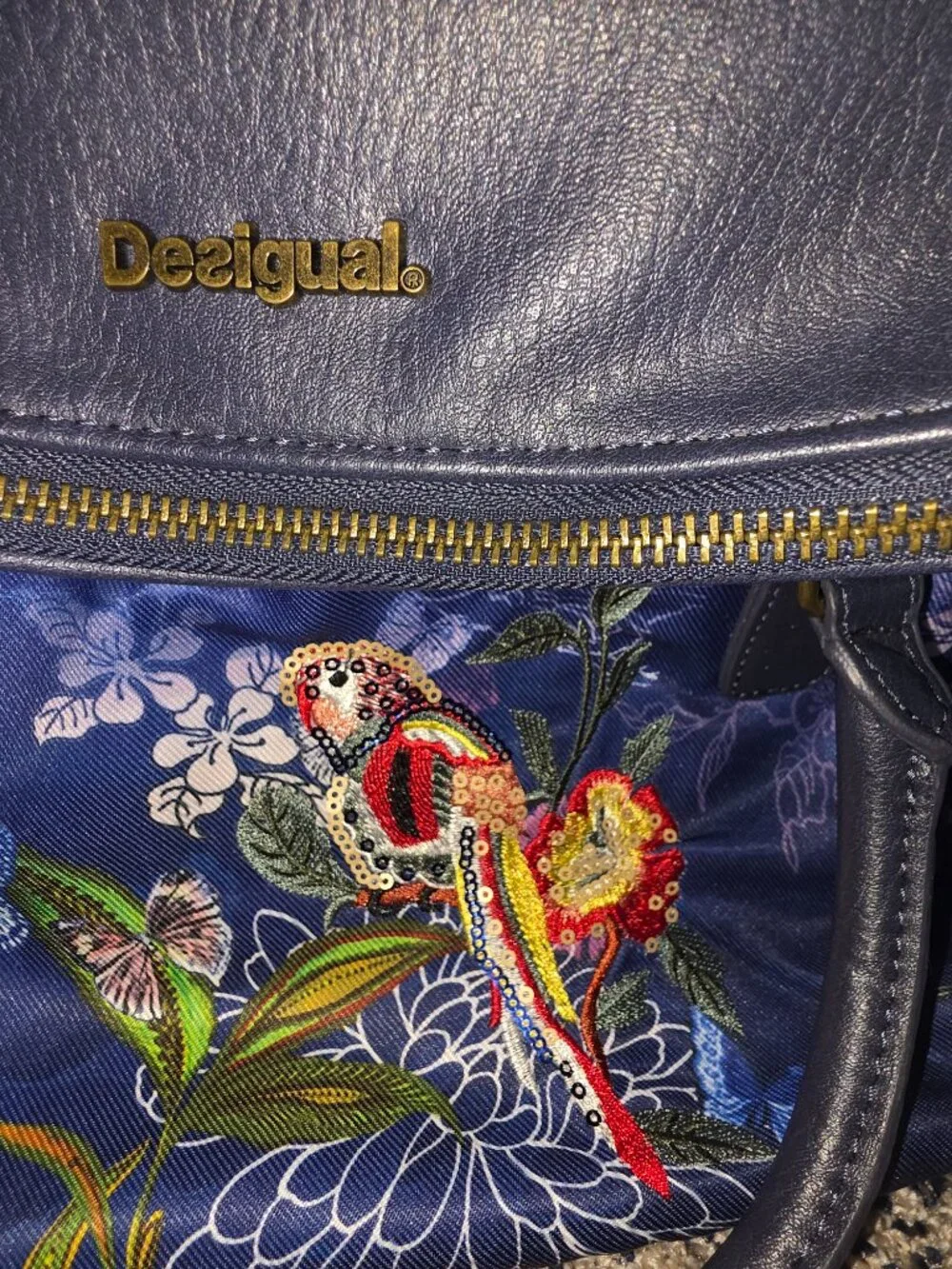 Desigual Birdpalm Loverty Blue Embroidered Sequin Hobo Bag Floral ✨